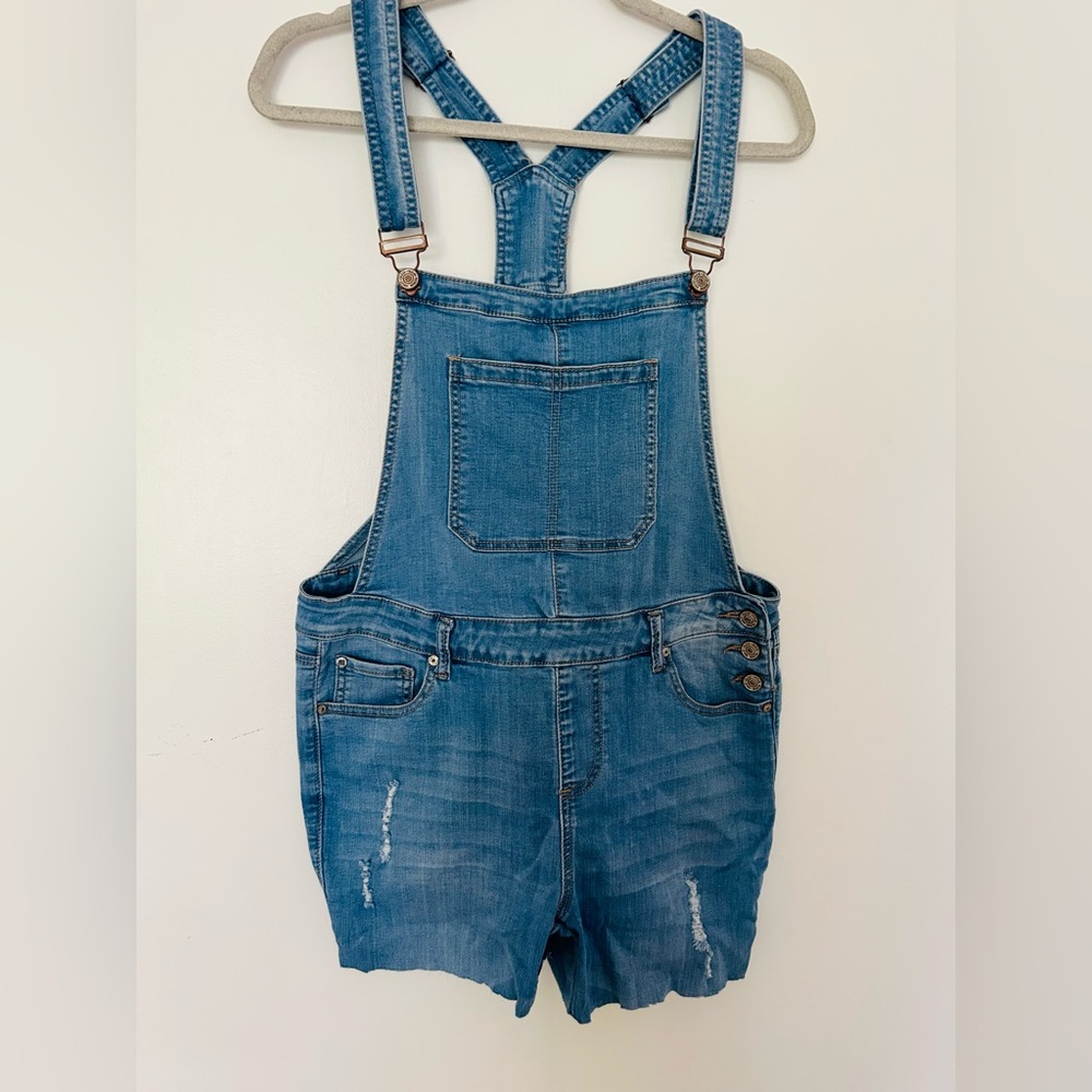 ENJEAN Women’s Blue Medium Wash Denim Short Overalls Romper